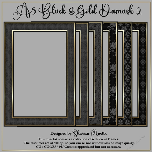 A5 Black & Gold Damask 2 Frames 7-12 PNG 