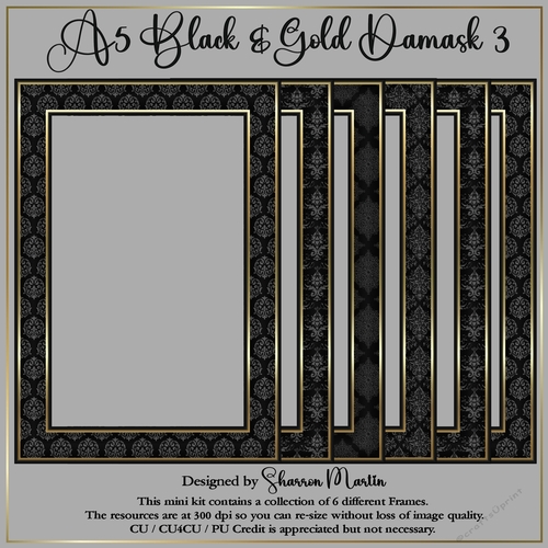 A5 Black & Gold Damask 3 Frames 13-18 PNG 