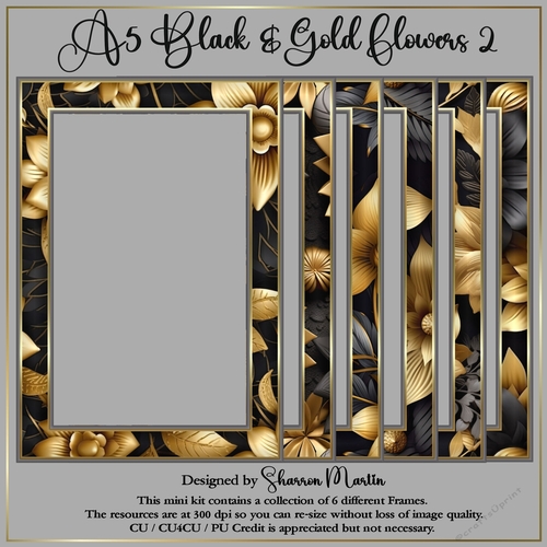 A5 Black & Gold Flowers Frames 1-6 PNG 