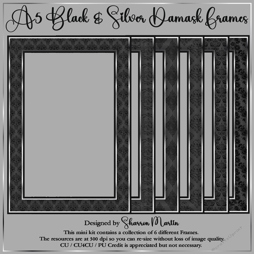 A5 Black & Silver Damask Frames 1-6 PNG 