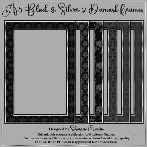 A5 Black & Silver Damask 2 Frames 7-12 PNG 
