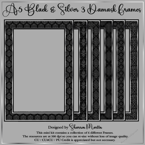 A5 Black & Silver Damask 3 Frames 13-18 PNG 