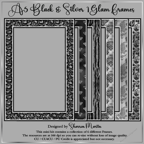 A5 Black & Silver 1 Glam Frames 1-6 PNG 