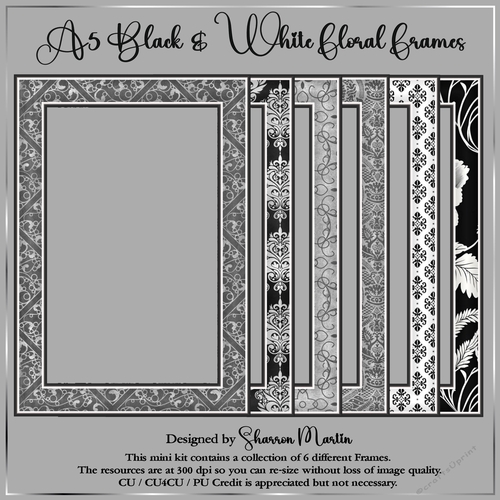 A5 Black & White Floral Frames 1-6 PNG 