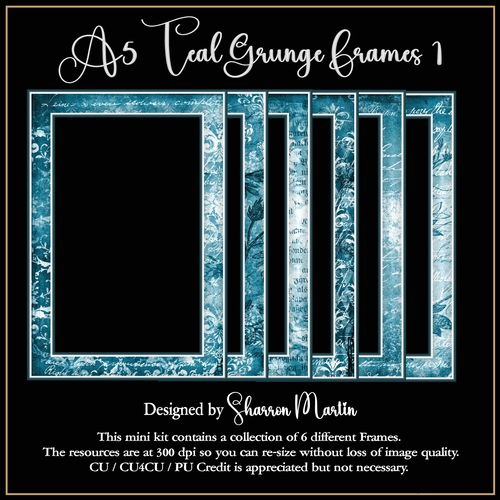 A5 Teal Grunge Frames 1-6 in PNG