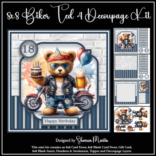 8x8 Biker Ted 4 Decoupage Mini Kit - x4 A4 Sheets 