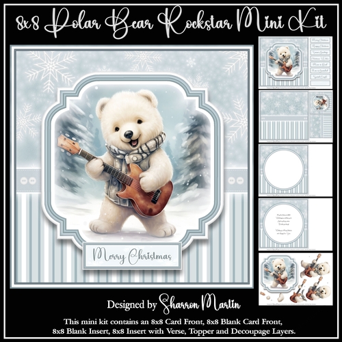 8x8 Polar Bear Rockstar Mini Decoupage Kit - x5 A4 sheets