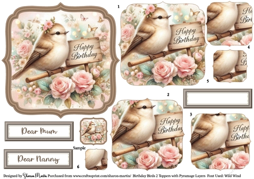 Birthday Birds 2 Toppers/Frames x6 Layers Pyramage, and Sentiments CU4CU/PU/CU