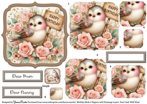 Birthday Birds 4 Toppers/Frames x6 Layers Pyramage, and Sentiments CU4CU/PU/CU