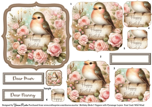 Birthday Birds 5 Toppers/Frames x6 Layers Pyramage, and Sentiments CU4CU/PU/CU