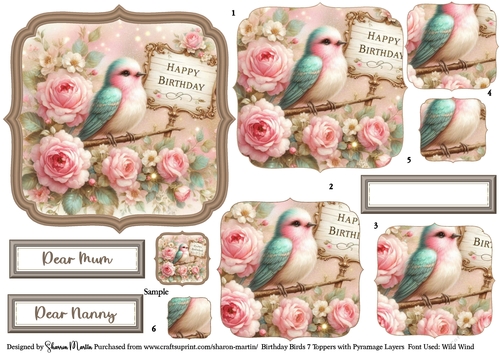Birthday Birds 7 Toppers/Frames x6 Layers Pyramage, and Sentiments CU4CU/PU/CU
