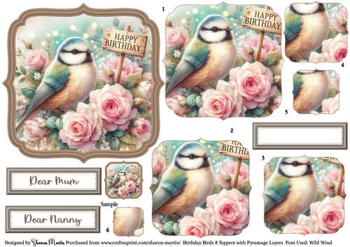 Birthday Birds 8 Toppers/Frames x6 Layers Pyramage, and Sentiments CU4CU/PU/CU