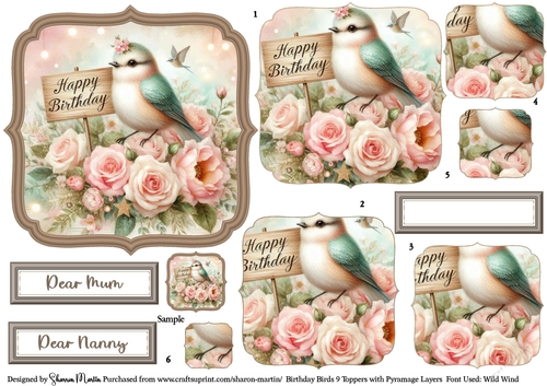 Birthday Birds 9 Toppers/Frames x6 Layers Pyramage, and Sentiments CU4CU/PU/CU
