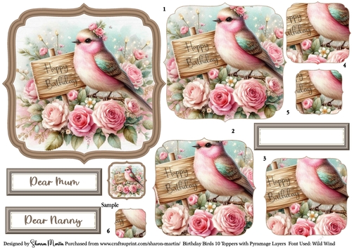 Birthday Birds 10 Toppers/Frames x6 Layers Pyramage, and Sentiments CU4CU/PU/CU