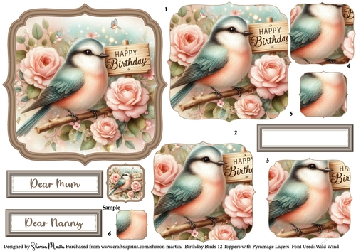 Birthday Birds 12 Toppers/Frames x6 Layers Pyramage, and Sentiments CU4CU/PU/CU