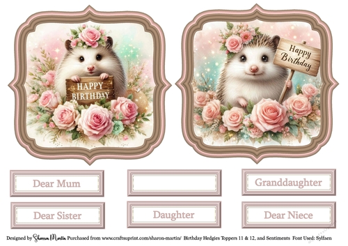Birthday Hedgies 11& 12 Toppers with Sentiments CU4CU/PU/CU