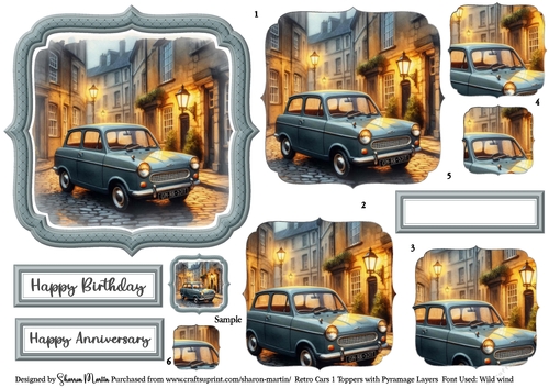 Retro Cars 1 Toppers / Frames x6 Layers Pyramage, and Sentiments CU4CU/PU/CU