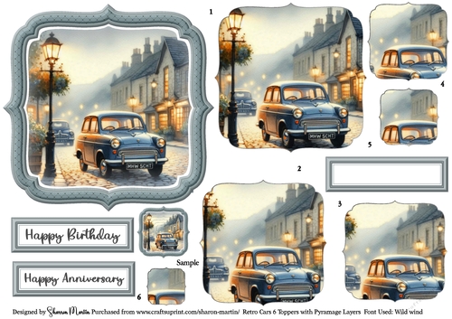 Retro Cars 6 Toppers / Frames x6 Layers Pyramage, and Sentiments CU4CU/PU/CU