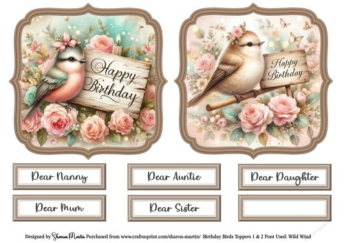 Birthday Birds Toppers 1 & 2 with Sentiments CU4CU/PU/CU