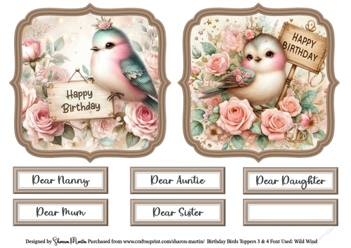 Birthday Birds Toppers 3 & 4 with Sentiments CU4CU/PU/CU