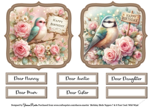 Birthday Birds Toppers 7 & 8 with Sentiments CU4CU/PU/CU