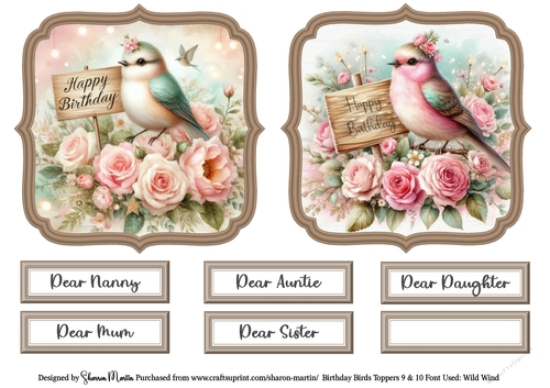 Birthday Birds Toppers 9 & 10 with Sentiments CU4CU/PU/CU