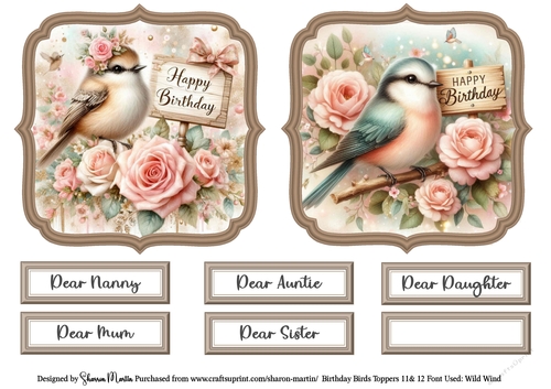 Birthday Birds Toppers 11 & 12 with Sentiments CU4CU/PU/CU