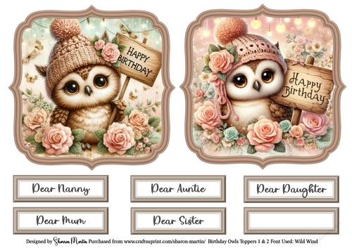 Birthday Owls Toppers 1 & 2 with Sentiments CU4CU/PU/CU