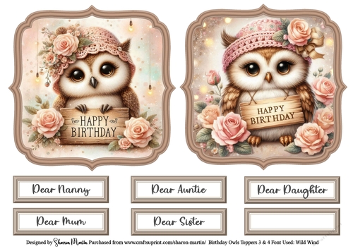Birthday Owls Toppers 3 & 4 with Sentiments CU4CU/PU/CU