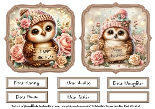 Birthday Owls Toppers 5 & 6 with Sentiments CU4CU/PU/CU