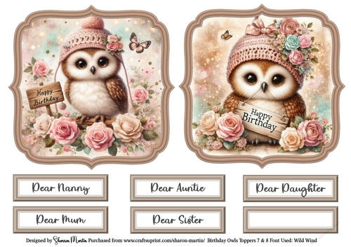 Birthday Owls Toppers 7 & 8 with Sentiments CU4CU/PU/CU