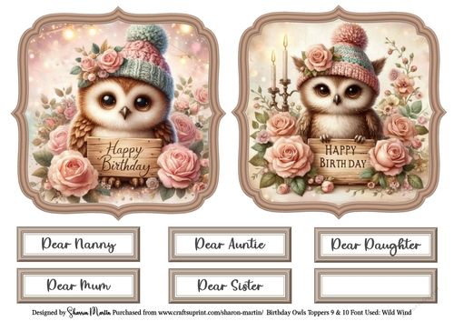 Birthday Owls Toppers 9 & 10 with Sentiments CU4CU/PU/CU