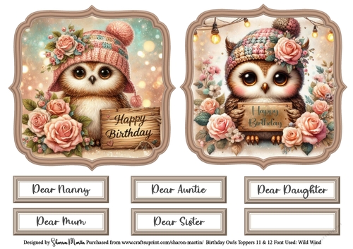 Birthday Owls Toppers 11 & 12 with Sentiments CU4CU/PU/CU