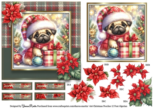 6x6 Christmas Pooches 12 Card Front, Topper, Decoupage with Sentiments