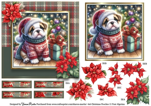 6x6 Christmas Pooches 11 Card Front, Topper, Decoupage with Sentiments