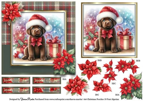 6x6 Christmas Pooches 10 Card Front, Topper, Decoupage with Sentiments
