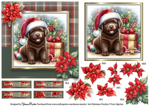 6x6 Christmas Pooches 9 Card Front, Topper, Decoupage with Sentiments