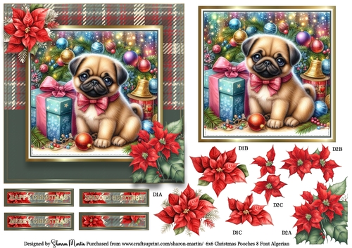 6x6 Christmas Pooches 8 Card Front, Topper, Decoupage with Sentiments