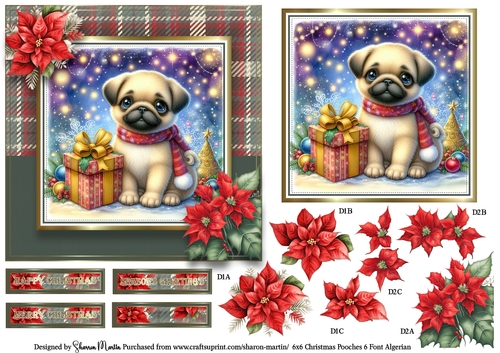 6x6 Christmas Pooches 6 Card Front, Topper, Decoupage with Sentiments
