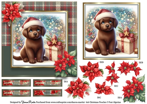 6x6 Christmas Pooches 5 Card Front, Topper, Decoupage with Sentiments