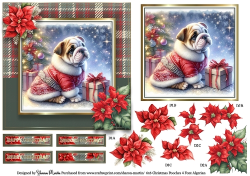 6x6 Christmas Pooches 4 Card Front, Topper, Decoupage with Sentiments