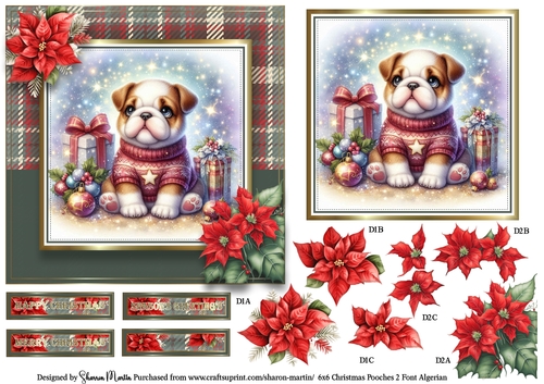 6x6 Christmas Pooches 2 Card Front, Topper, Decoupage with Sentiments