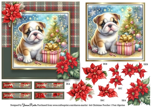 6x6 Christmas Pooches 1 Card Front, Topper, Decoupage with Sentiments