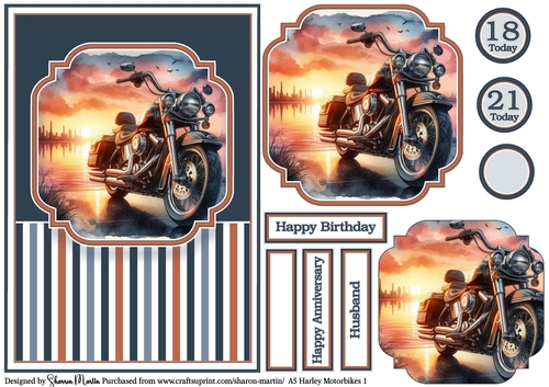 A5 Harley Motorbikes 1 Card Front, Topper, Pyramage Layer, Sentiments & Numbers