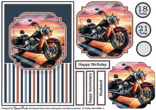 A5 Harley Motorbikes 2 Card Front, Topper, Pyramage Layer, Sentiments & Numbers