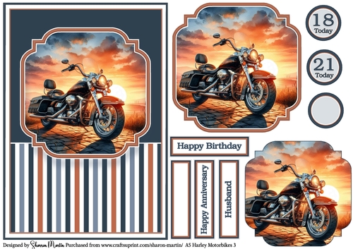A5 Harley Motorbikes 3 Card Front, Topper, Pyramage Layer, Sentiments & Numbers