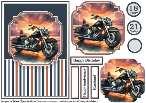A5 Harley Motorbikes 5 Card Front, Topper, Pyramage Layer, Sentiments & Numbers