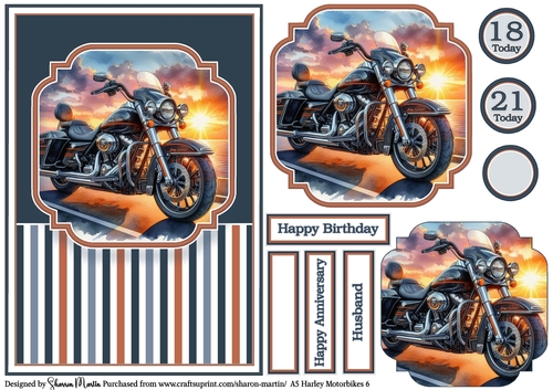 A5 Harley Motorbikes 6 Card Front, Topper, Pyramage Layer, Sentiments & Numbers