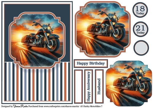 A5 Harley Motorbikes 7 Card Front, Topper, Pyramage Layer, Sentiments & Numbers