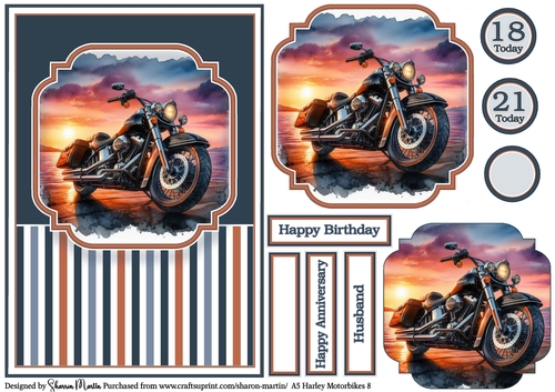 A5 Harley Motorbikes 8 Card Front, Topper, Pyramage Layer, Sentiments & Numbers